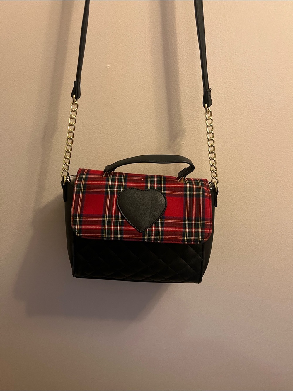 Betsey Johnson Red Plaid Crossbody with Black Heart Accent
